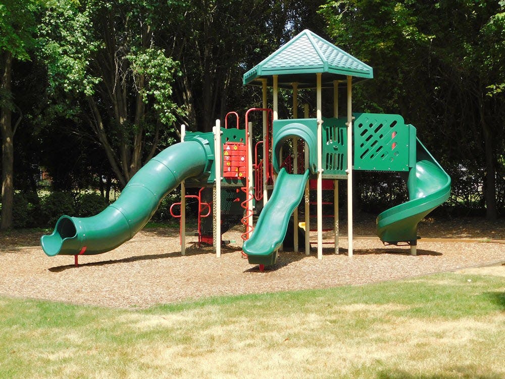 Playground structure with multiple green slides