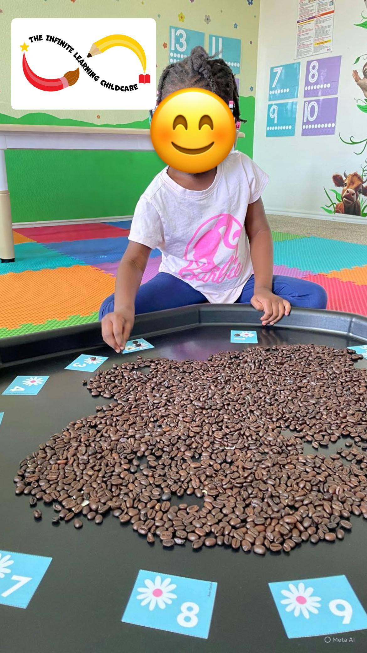 Child playing with coffee beans and number cards