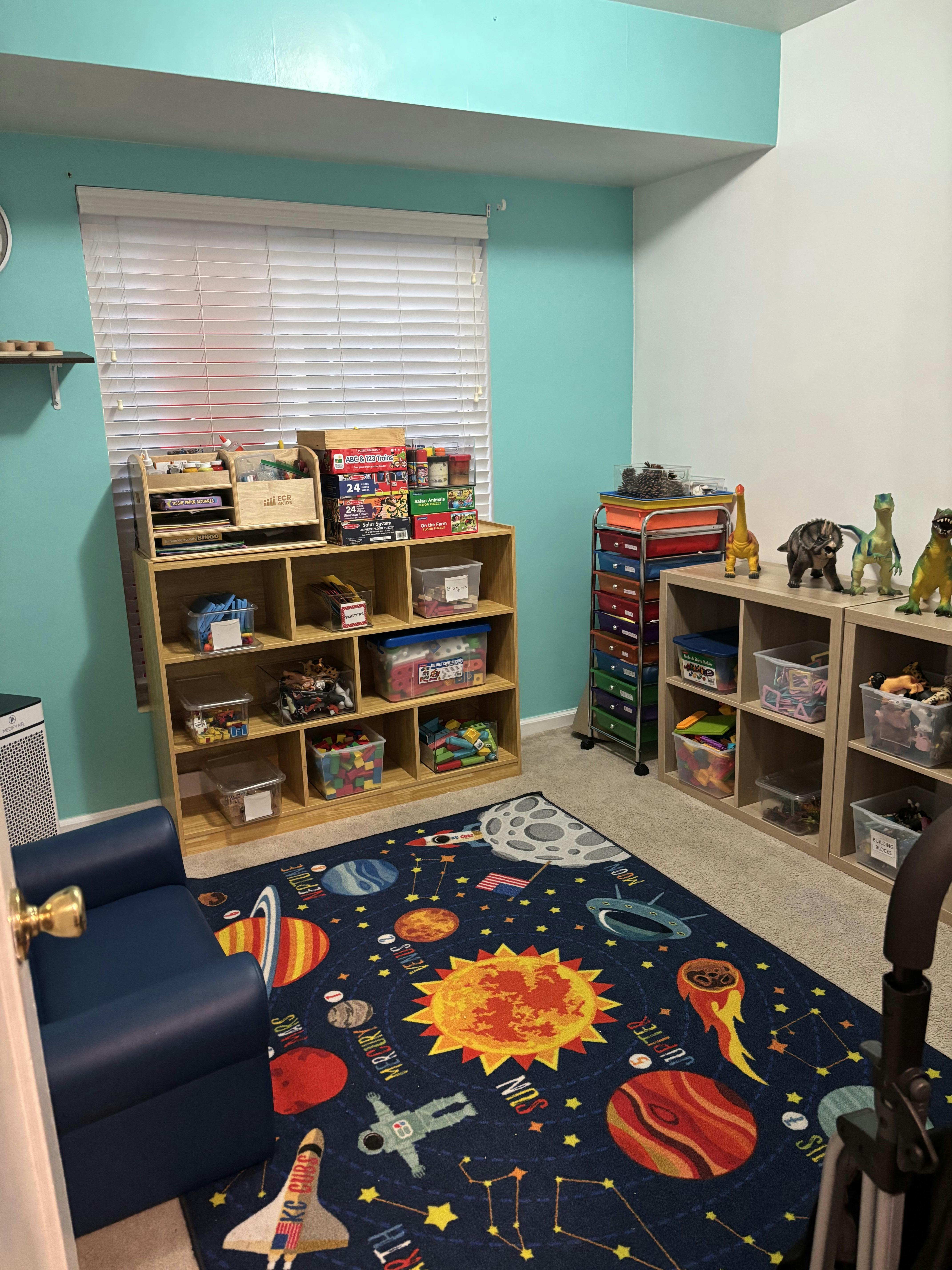 Playroom with shelves full of toys and educational materials, and a space-themed rug