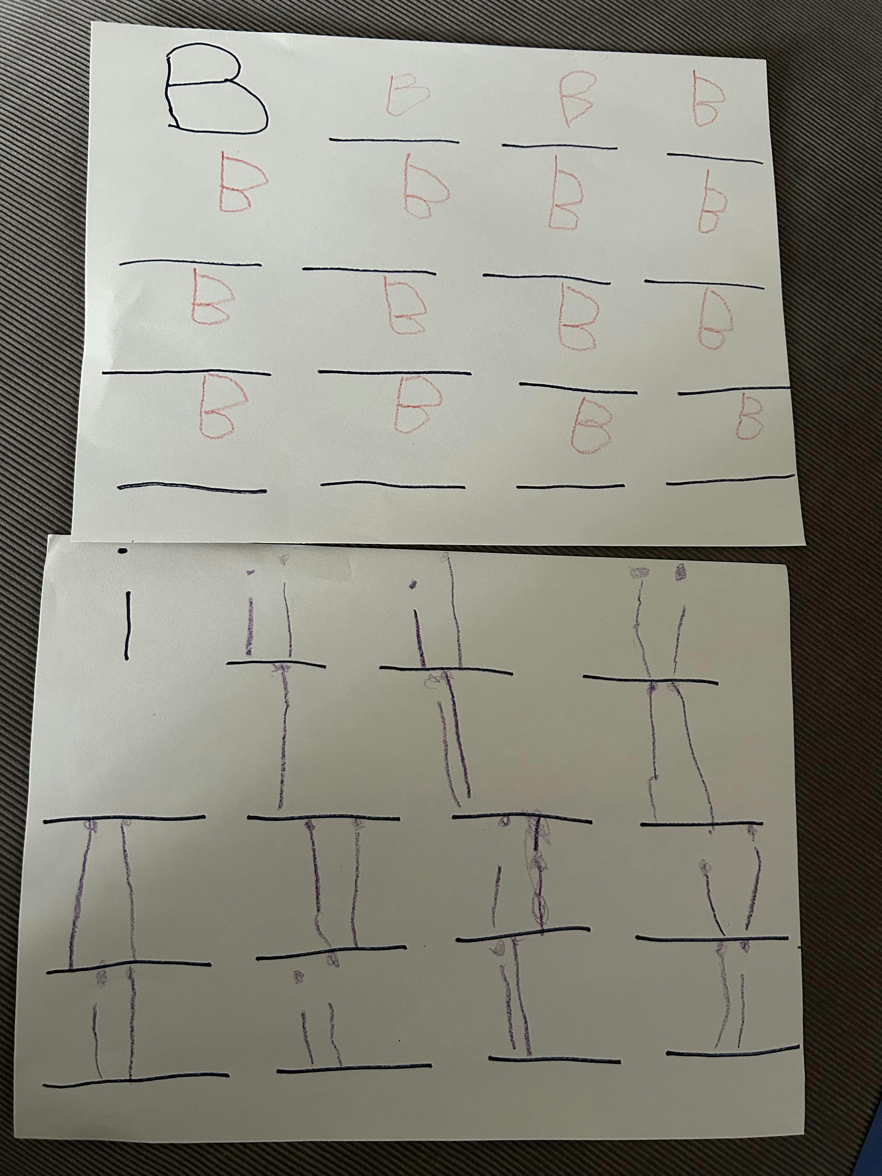 Worksheets with handwritten letter B and letter I practice