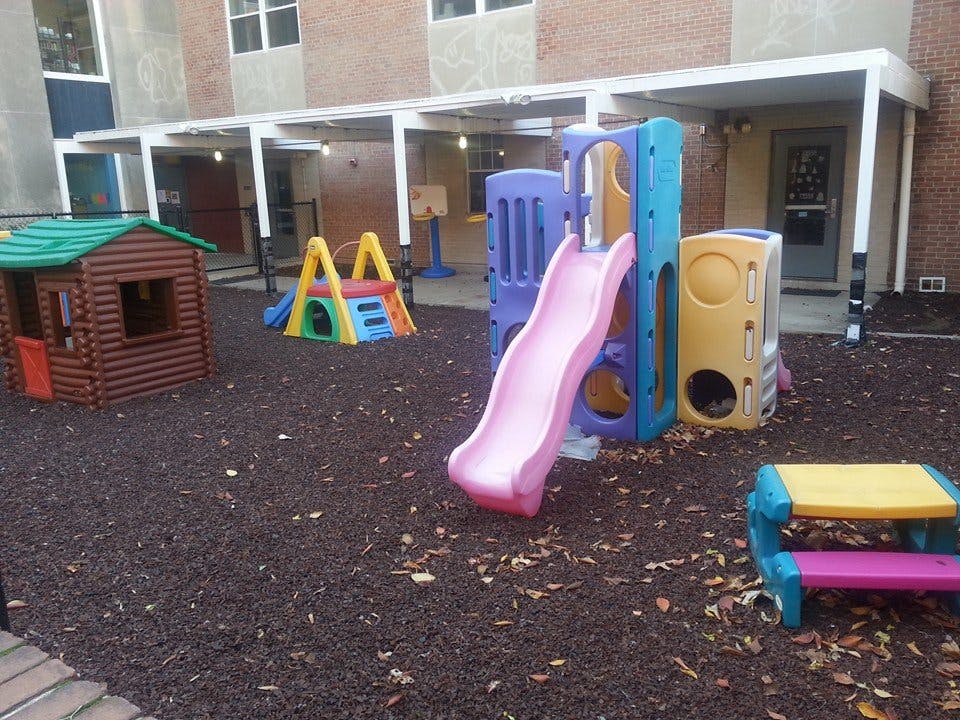 Playground with a pink slide, a small wooden playhouse, and a swing set