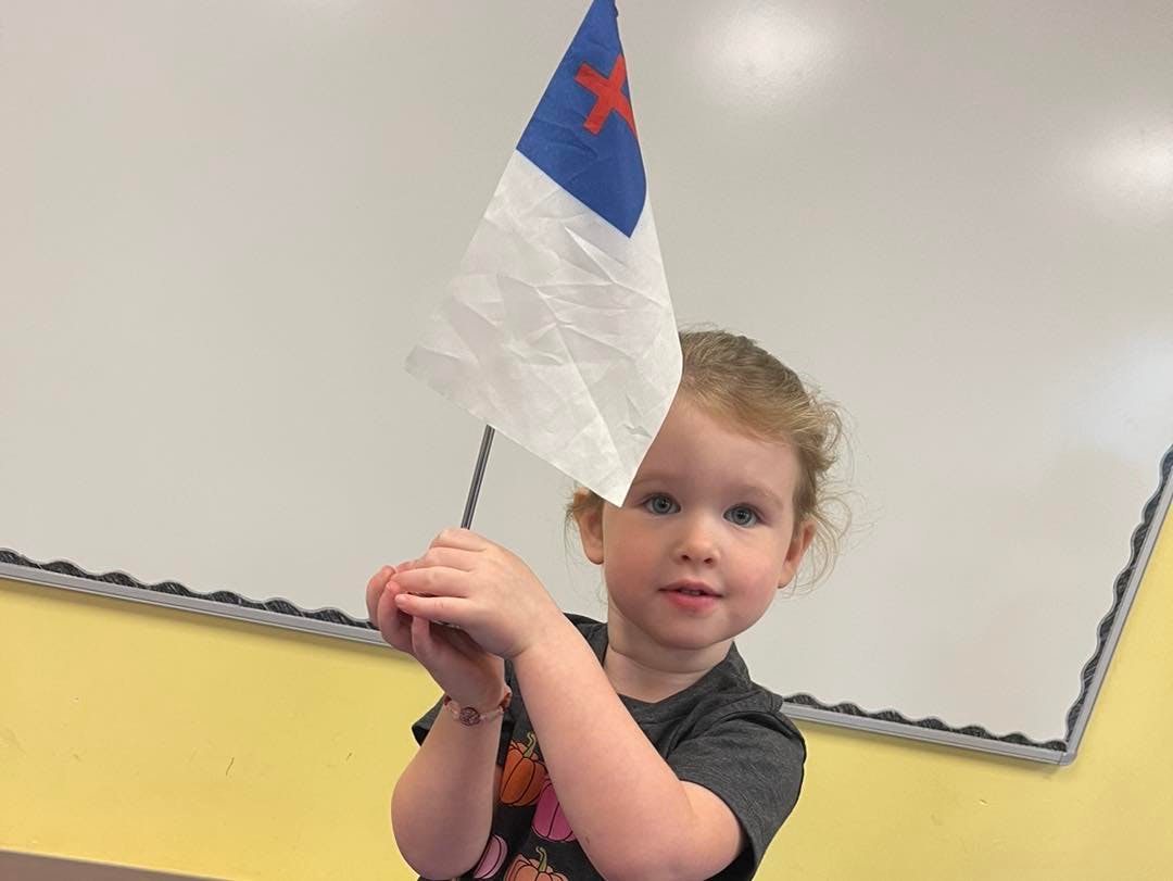 Child holding a small flag with a red cross on a blue and white background