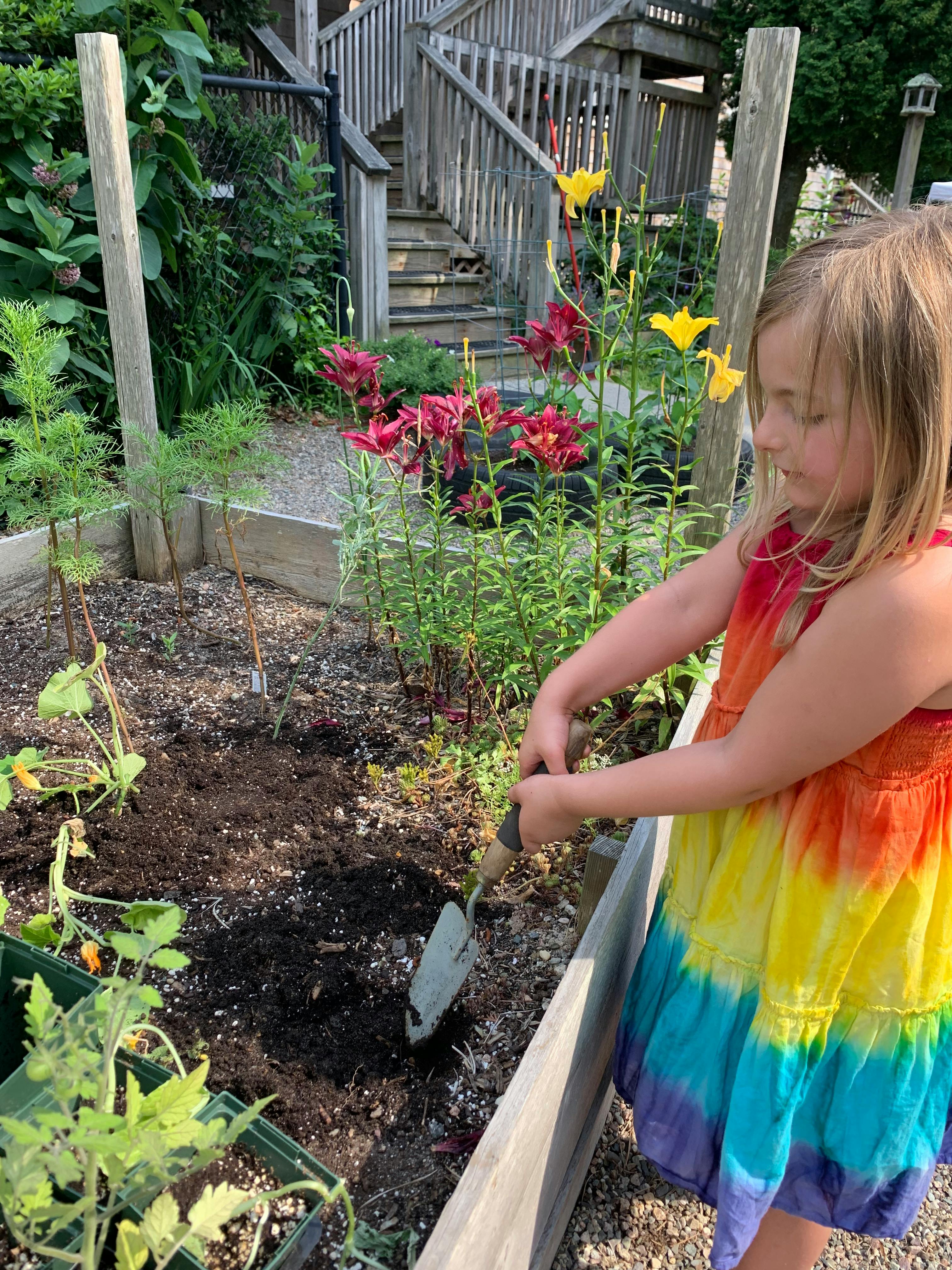 Child digging in a garden bed with a trowel