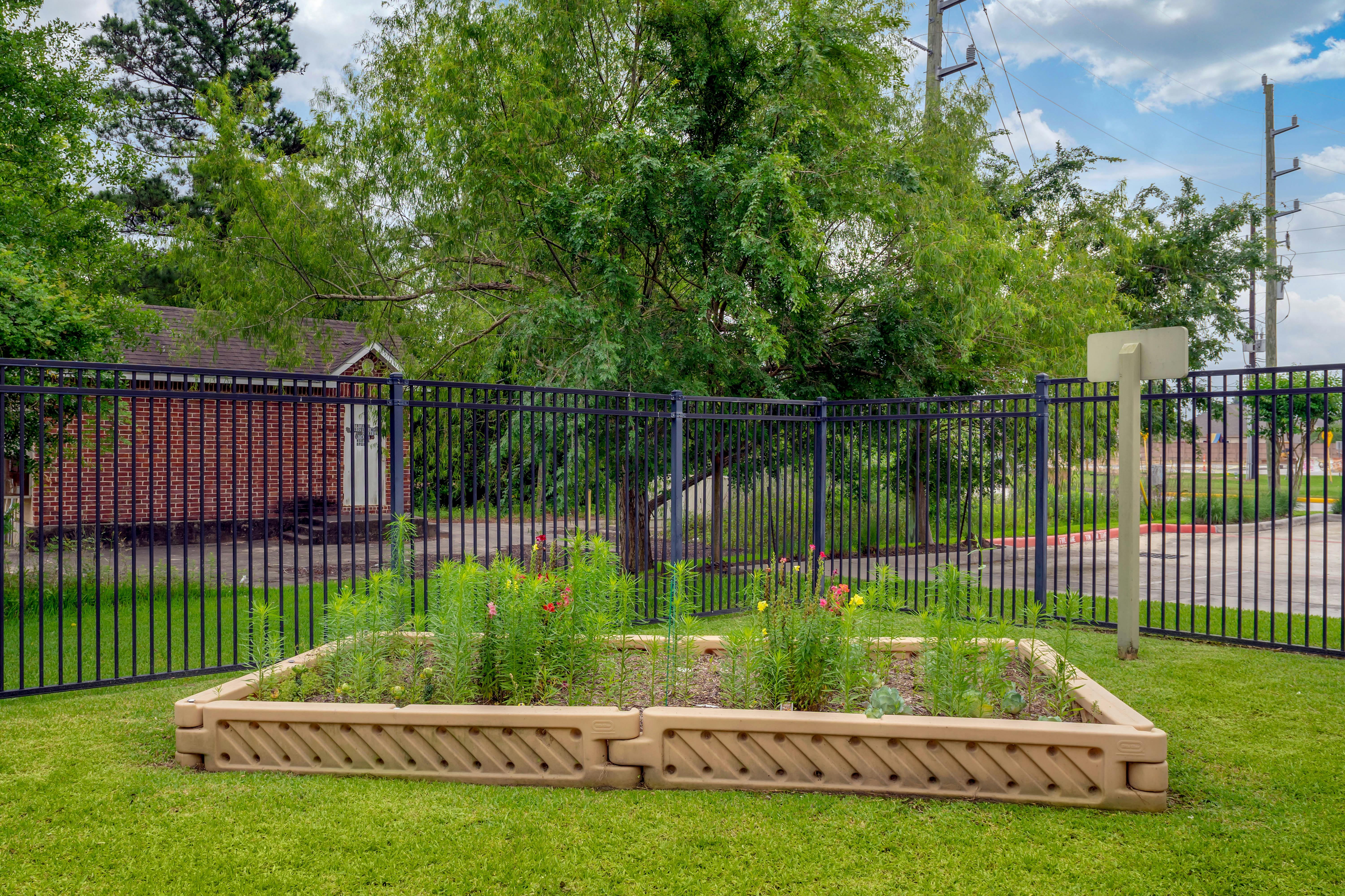 Raised garden bed with flowers and plants next to a black fence
