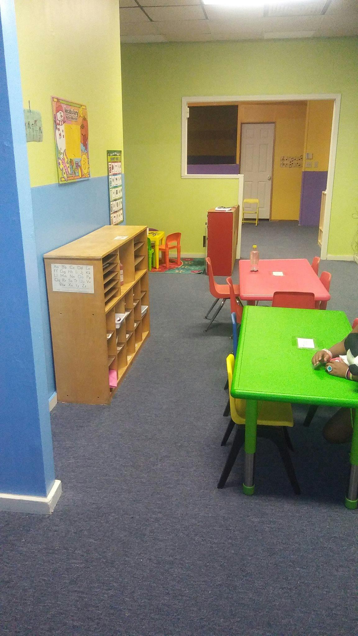 Classroom with colorful walls, tables, and chairs