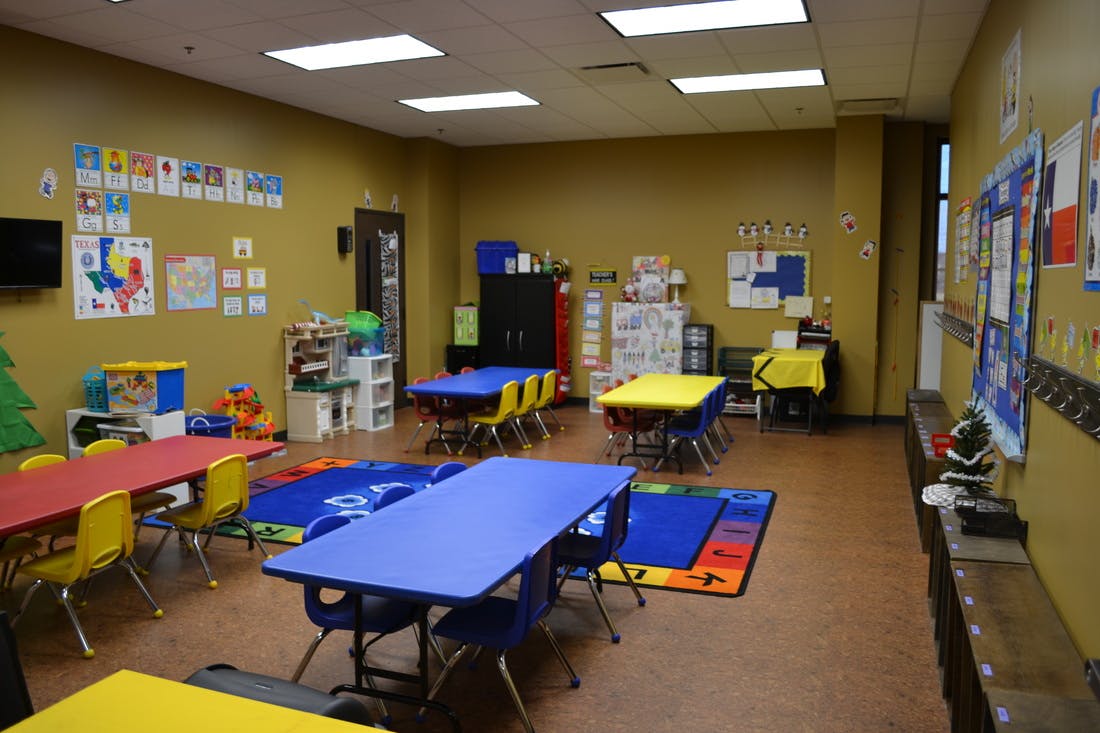 Classroom with colorful tables and chairs
