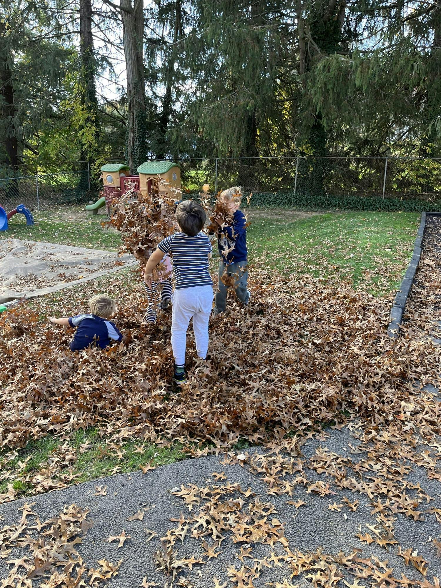 Children playing in a pile of autumn leaves outdoors