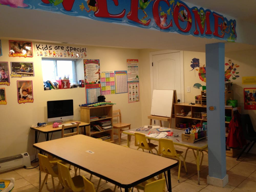 Classroom with tables, chairs, and a "WELCOME" sign
