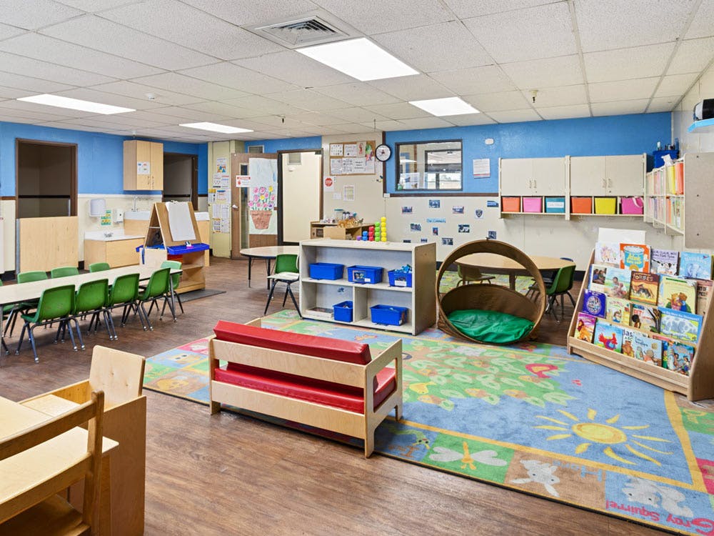 Colorful classroom with various learning stations