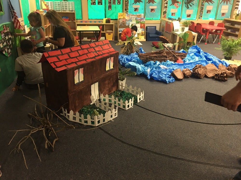People in a classroom with a model house and blue tarp
