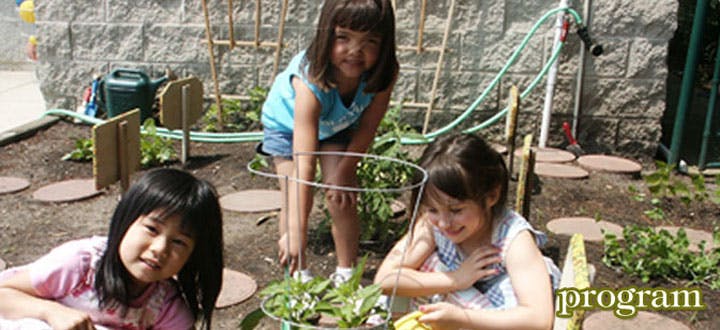 Three children gardening outdoors