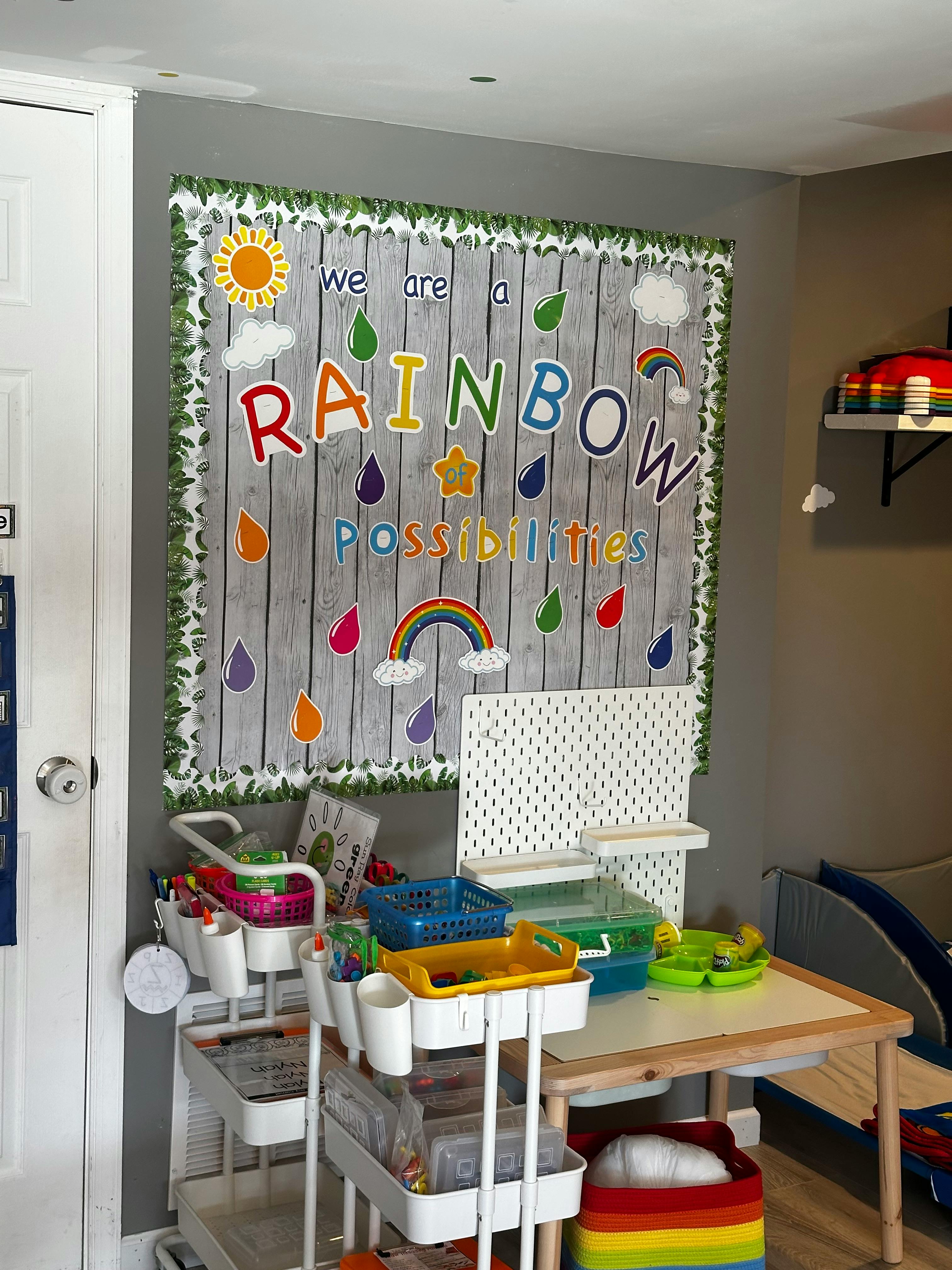 Classroom bulletin board with "We are a Rainbow of Possibilities" text