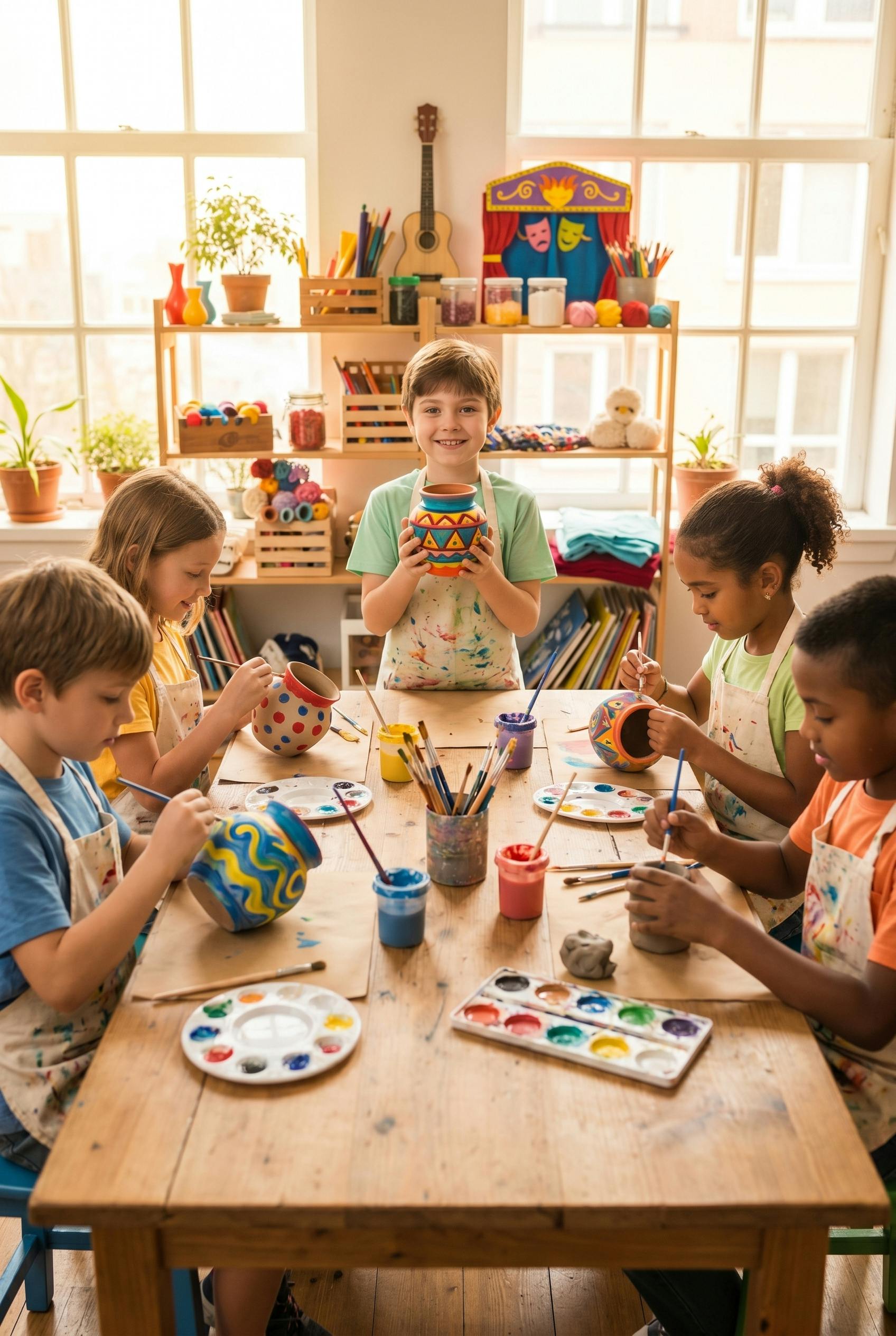 Children painting ceramic pots in an art class
