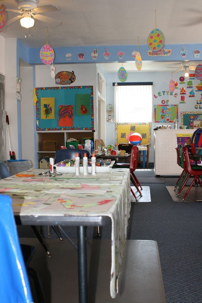 Classroom with tables, chairs, and colorful decorations
