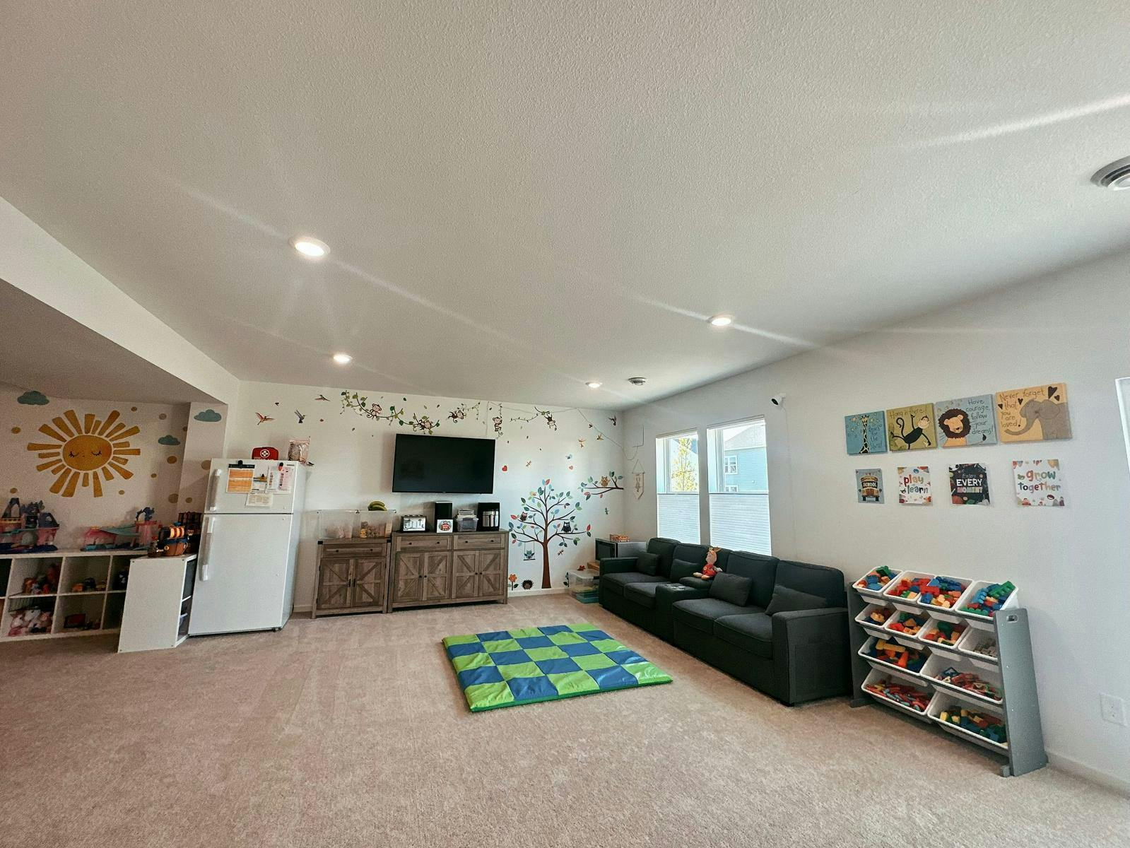 Playroom with a sofa, TV, toy storage, and a checkered mat