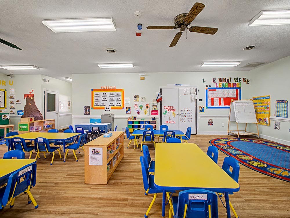 Empty classroom with yellow tables and blue chairs