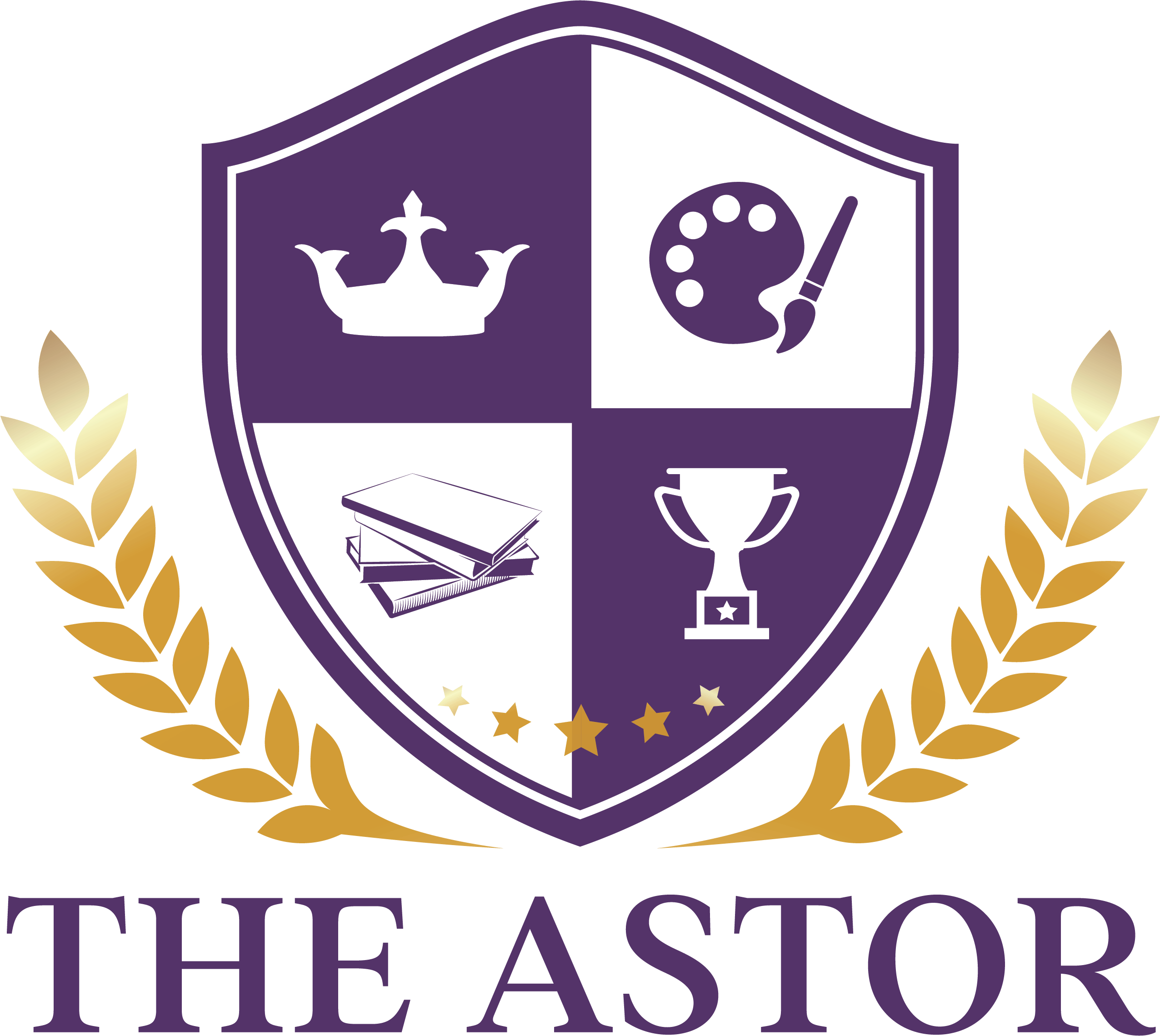 Shield with crown, art palette, books, and trophy, with "THE ASTOR" below