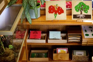 Montessori classroom shelves with learning materials