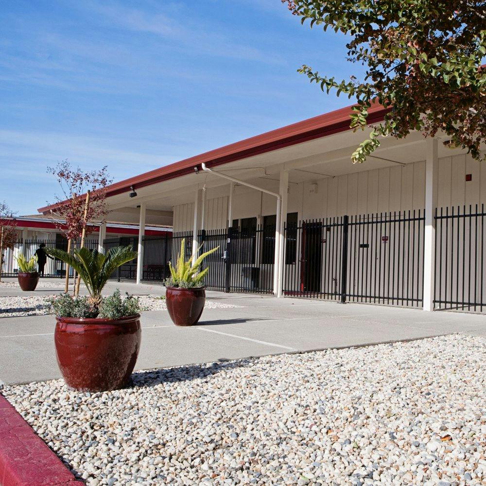 Building exterior with red roof, white walls, black fence, and potted plants