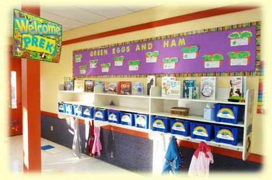 Classroom with "Welcome PreK" sign and "Green Eggs and Ham" display