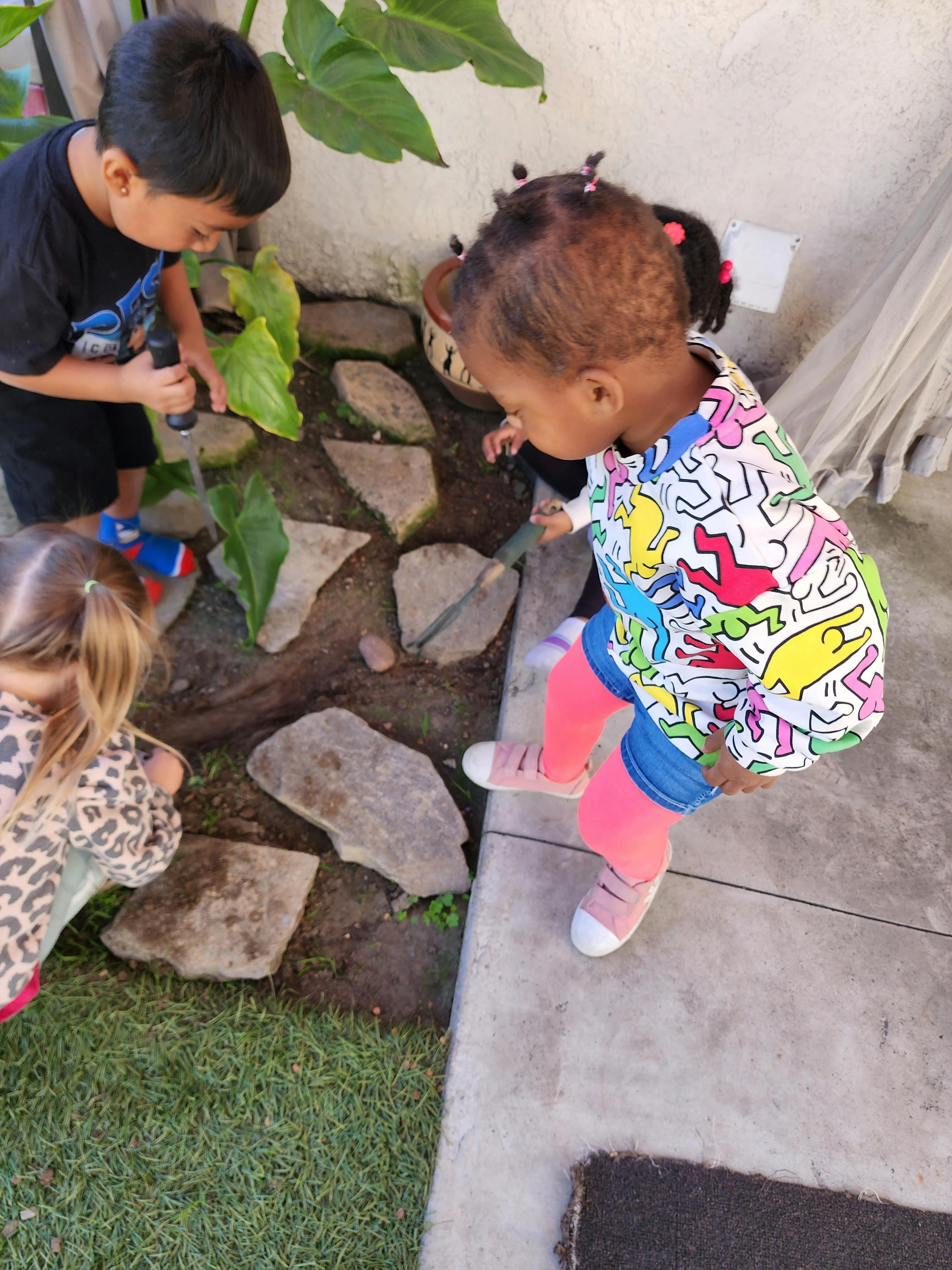 Three children looking at plants and rocks on the ground