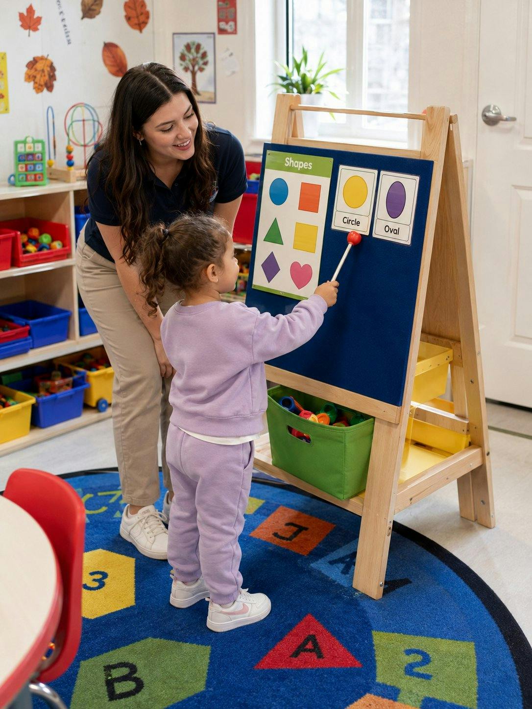 Adult and child pointing to shapes on an easel in a classroom