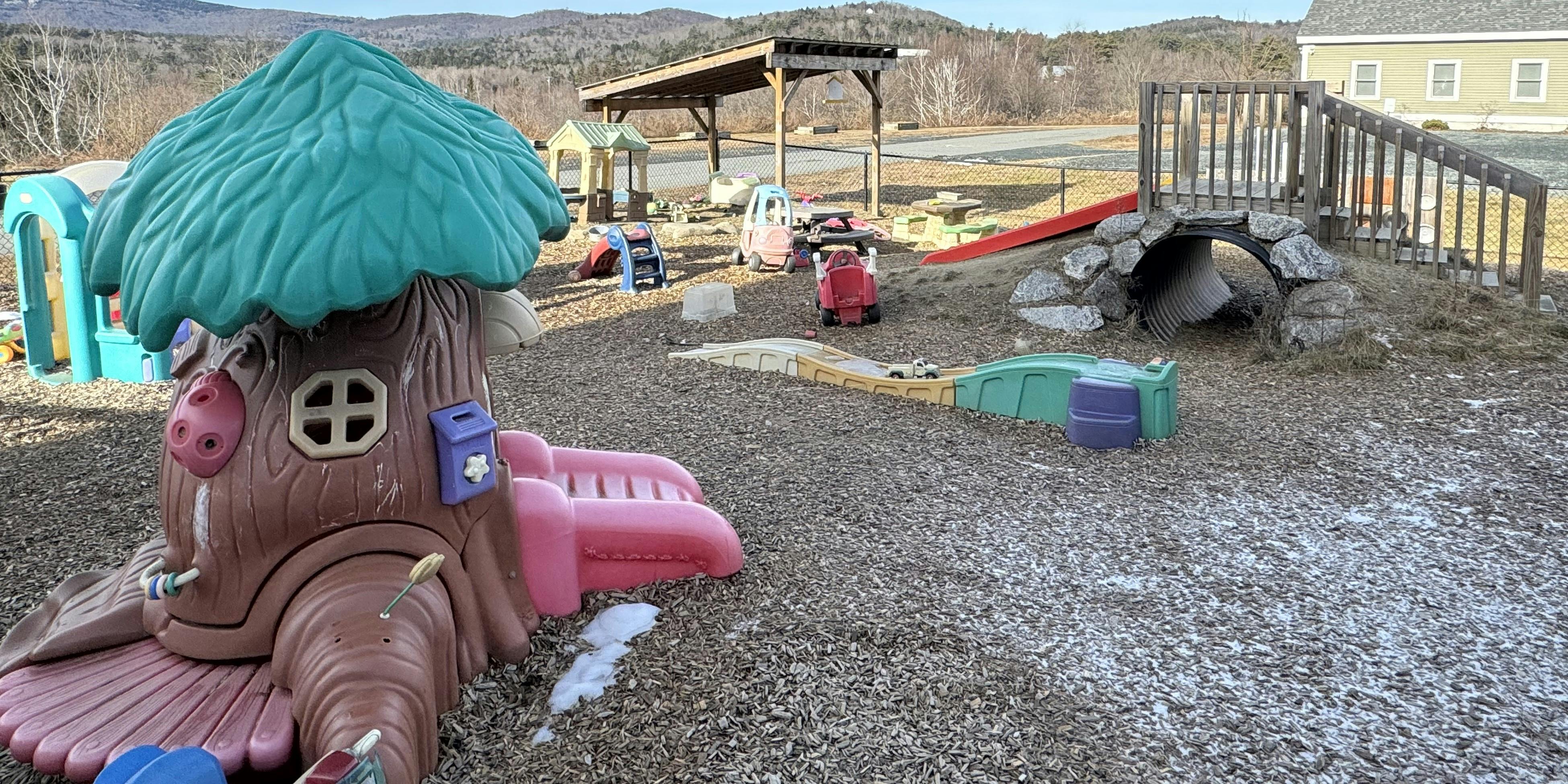 Playground with a treehouse slide and other play structures