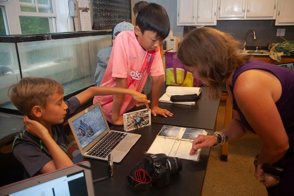 Two children and an adult looking at a laptop and an open book