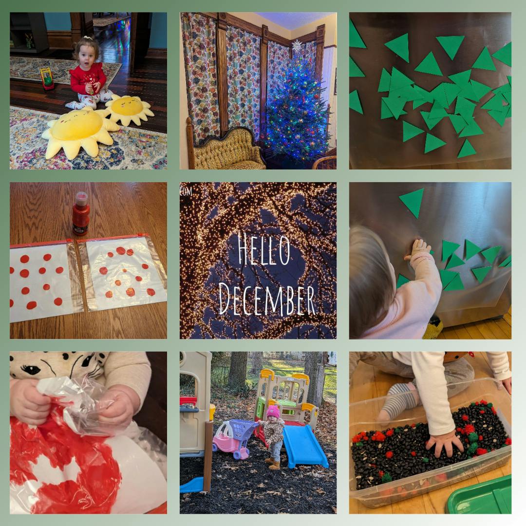 Collage of nine images, including a child, a Christmas tree, and crafts