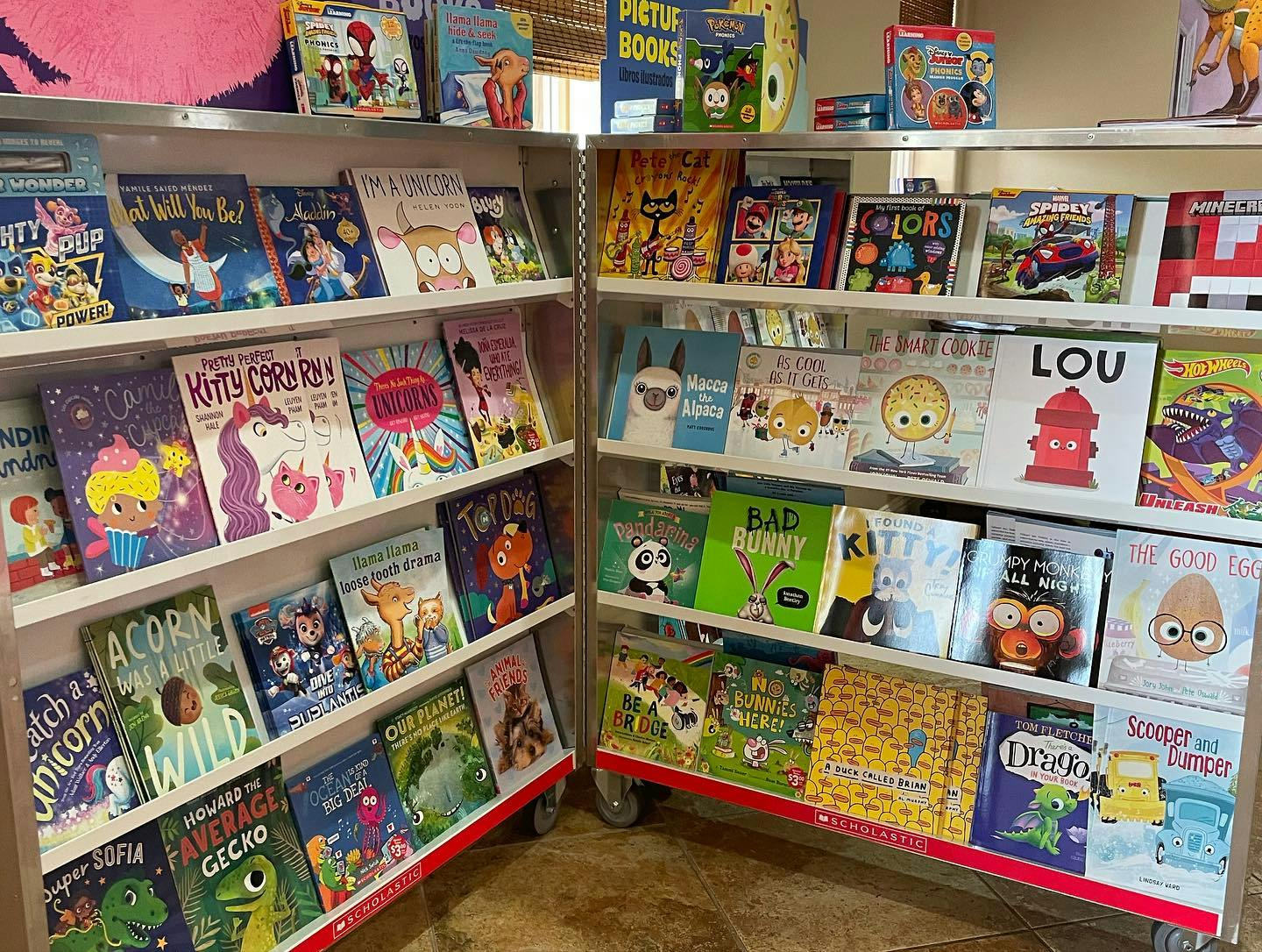 Two tall shelves filled with children's books