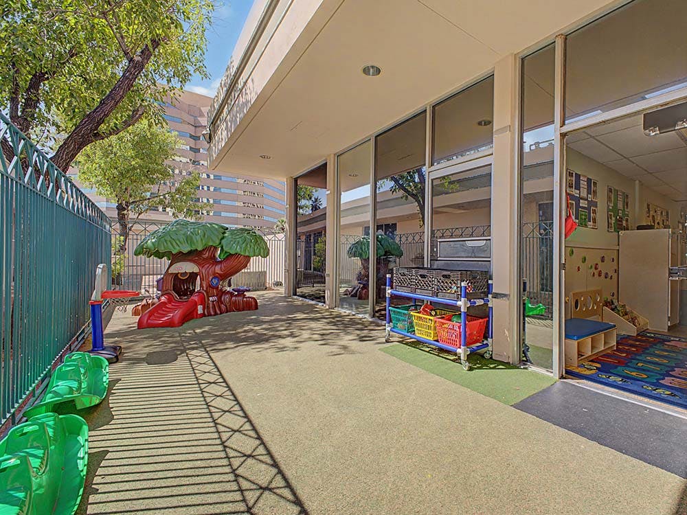 Outdoor play area with a tree-shaped slide and green fence