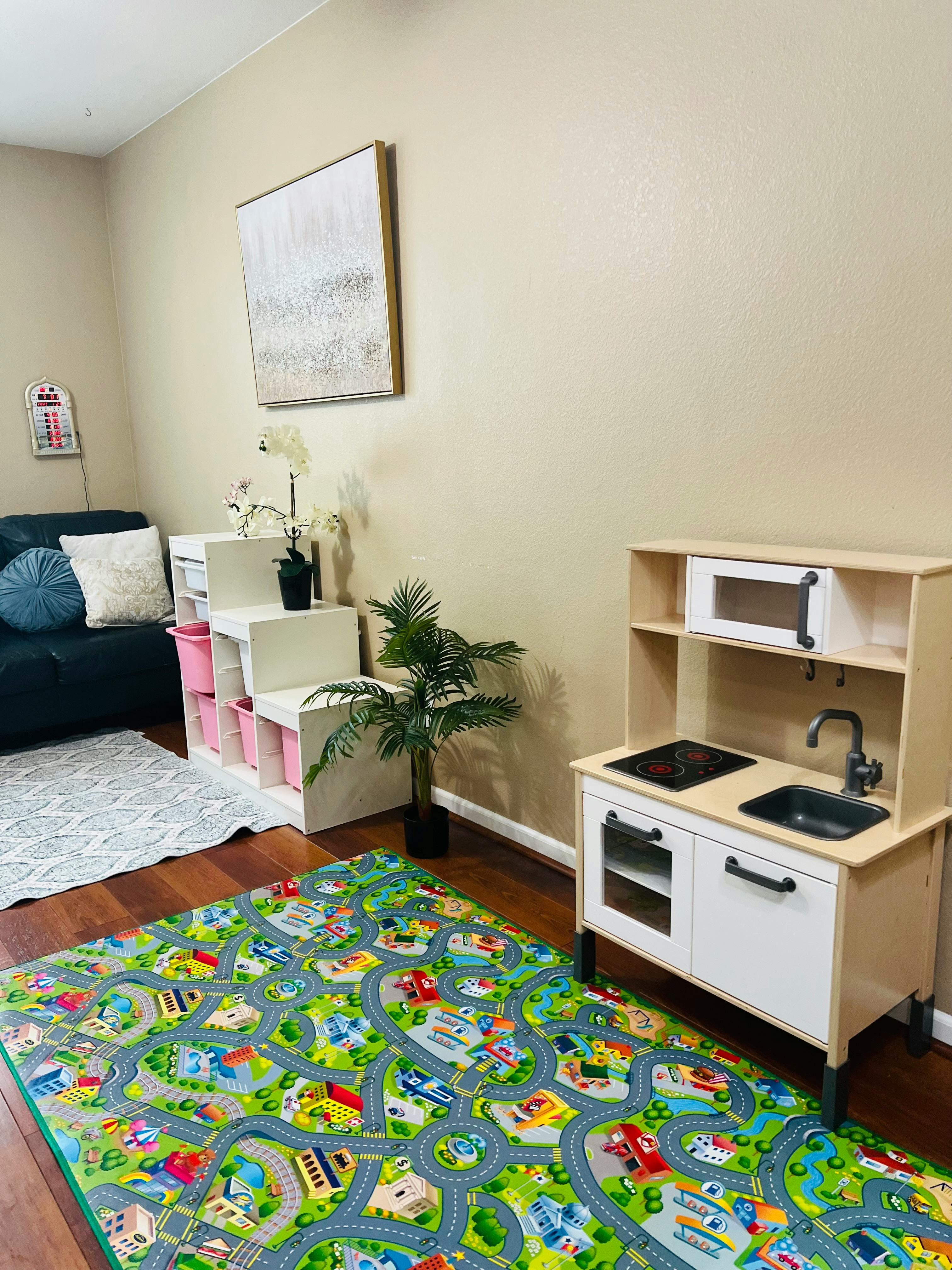 Playroom with a toy kitchen, road map rug, and storage shelves