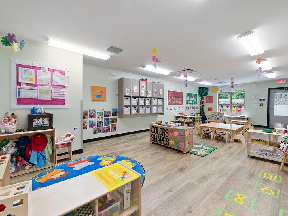 Colorful and organized classroom with small tables, chairs, and learning materials