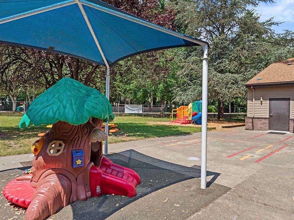 treehouse play structure and colorful playground equipment in a yard