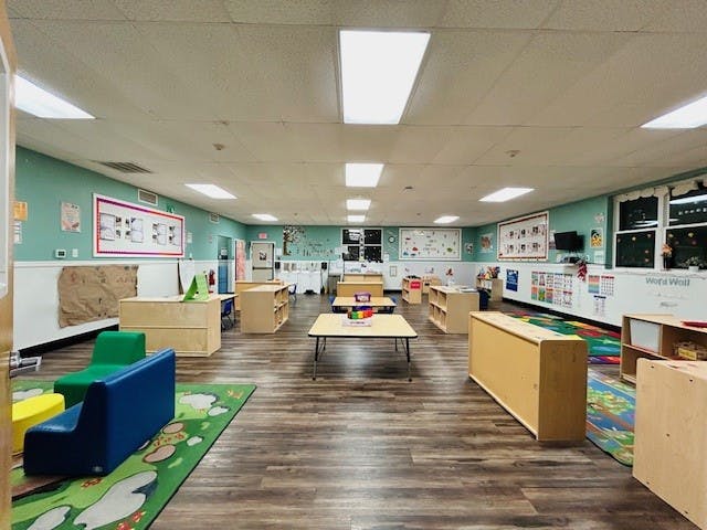 Empty colorful preschool classroom