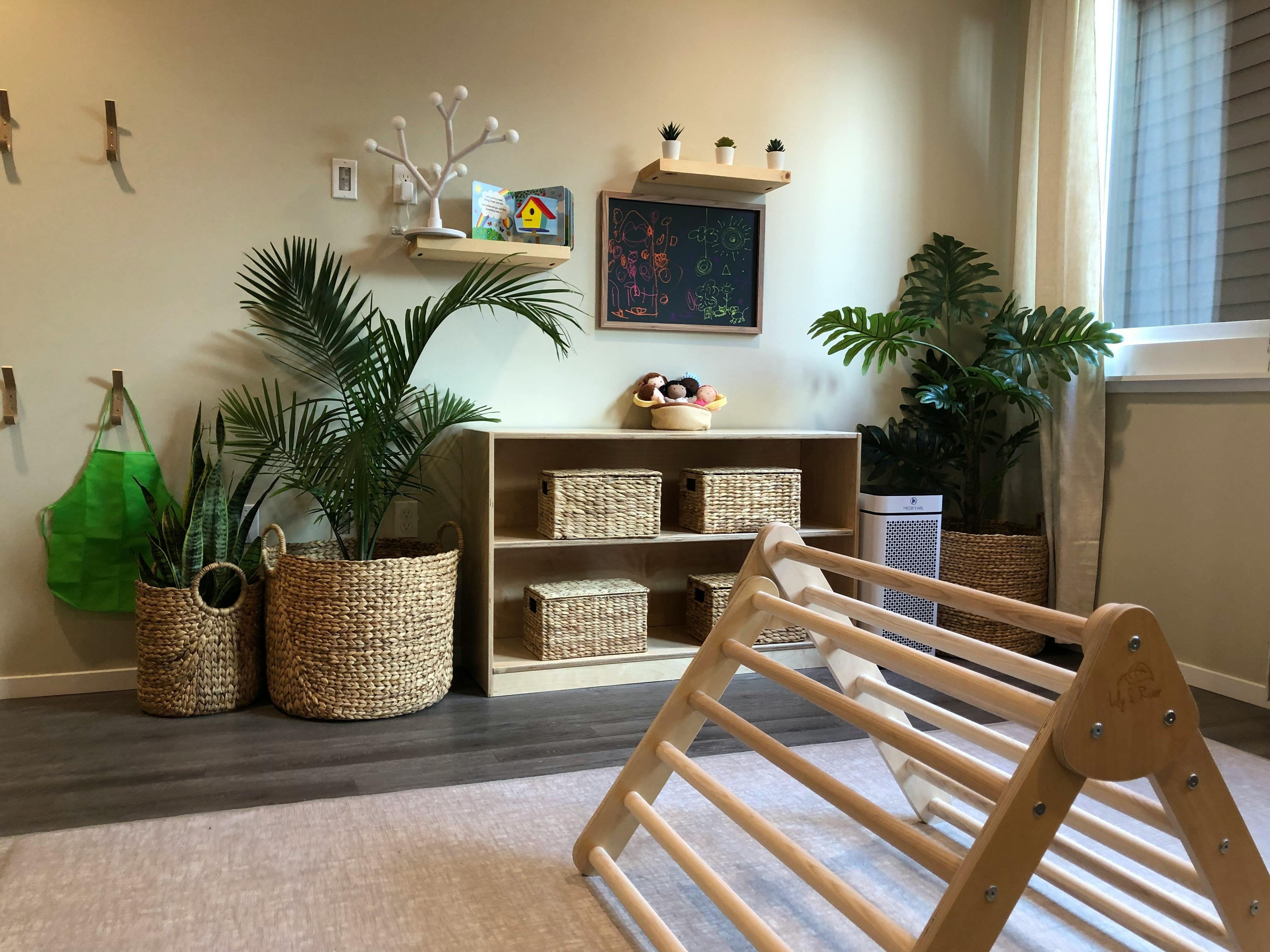 Indoor play area with a wooden climbing triangle, plants, and storage shelves