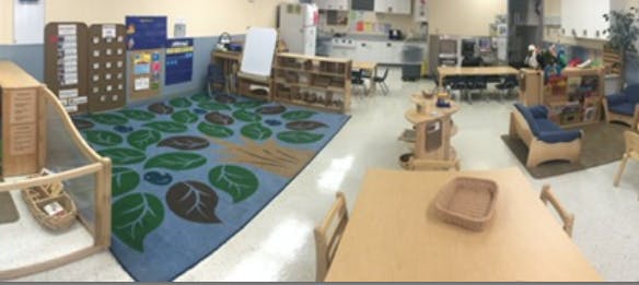 Classroom with a blue rug with green leaves, tables, and shelves