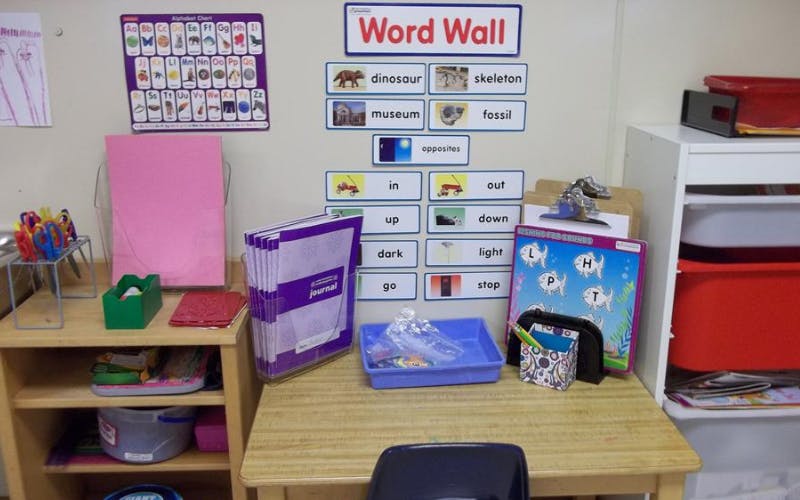 Classroom desk with a Word Wall, alphabet chart, and various learning materials