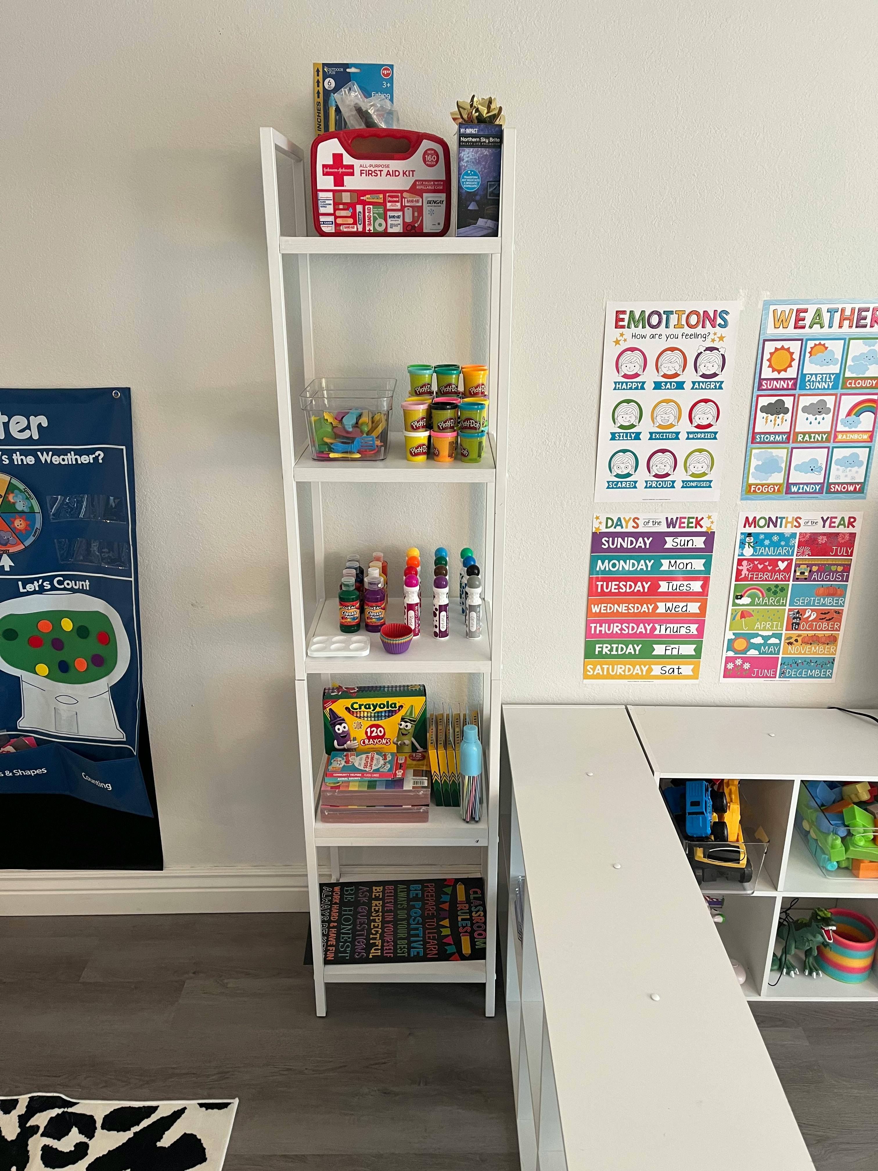 White shelving unit with various art supplies and learning charts on shelves