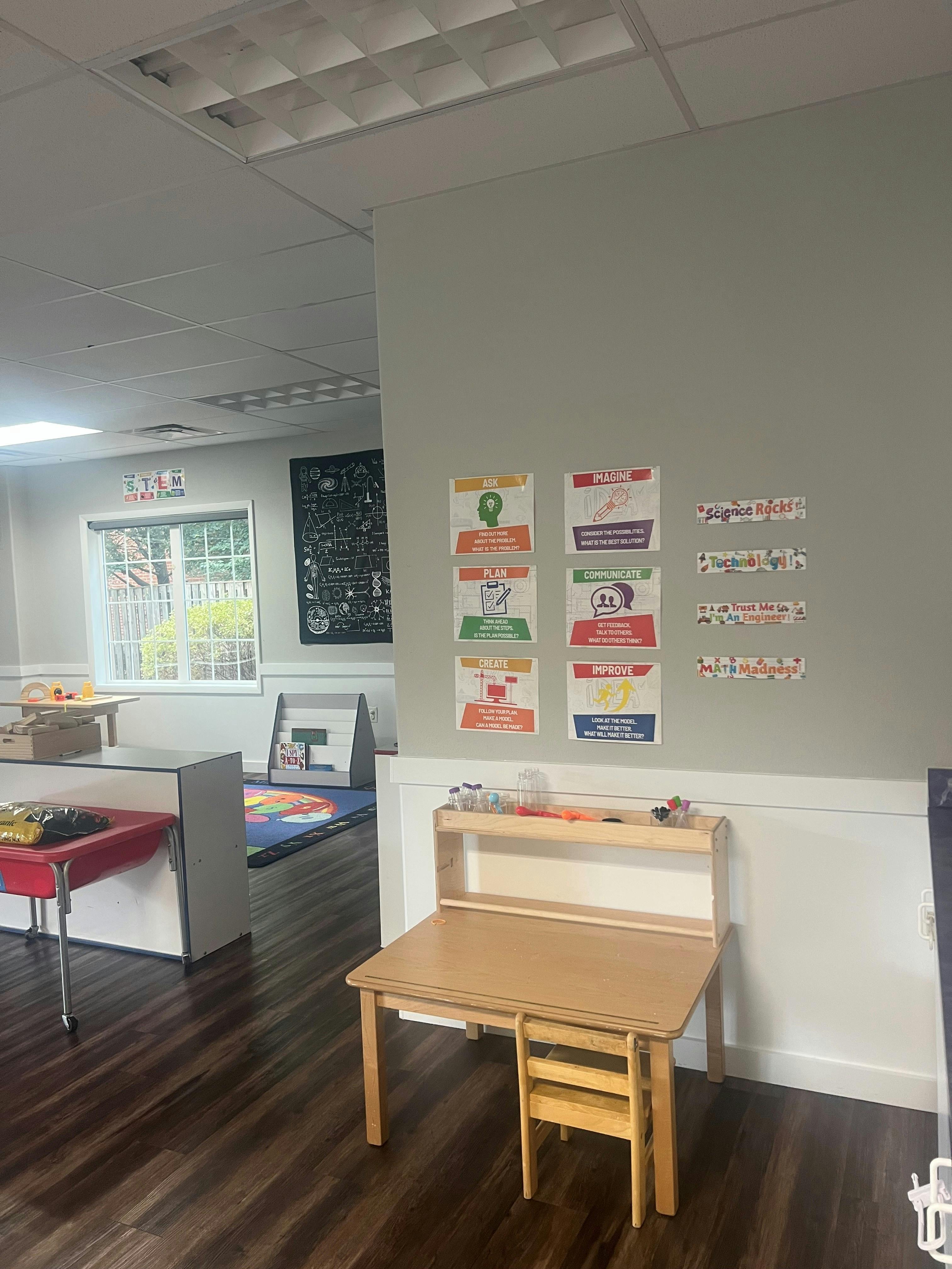 STEM classroom with educational posters and a child-sized desk
