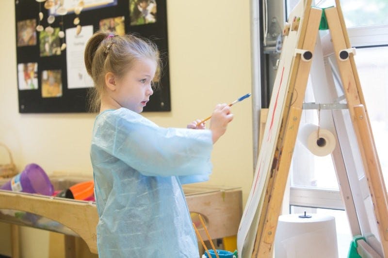 Child painting on an easel in a classroom