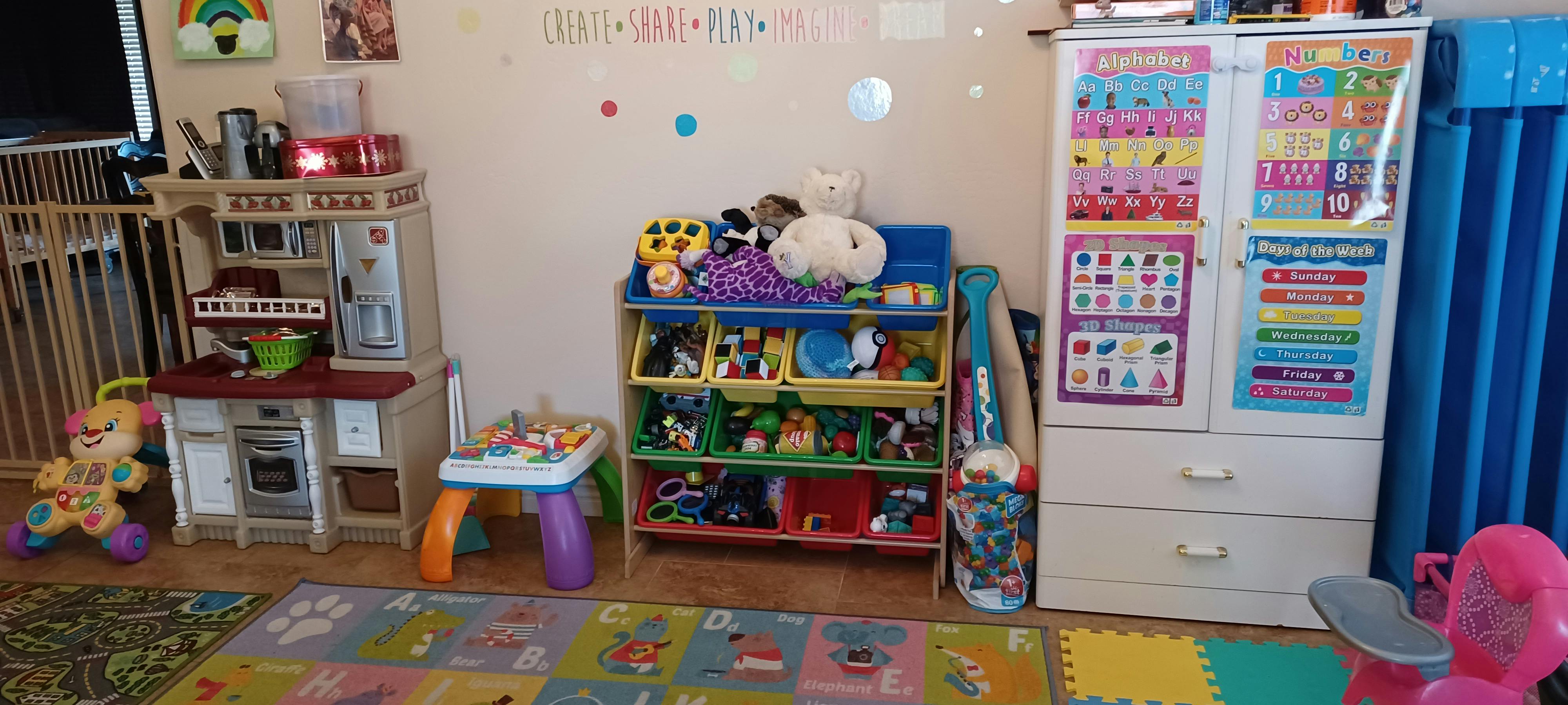Playroom with toy kitchen, toy storage, and cabinet with colorful rug
