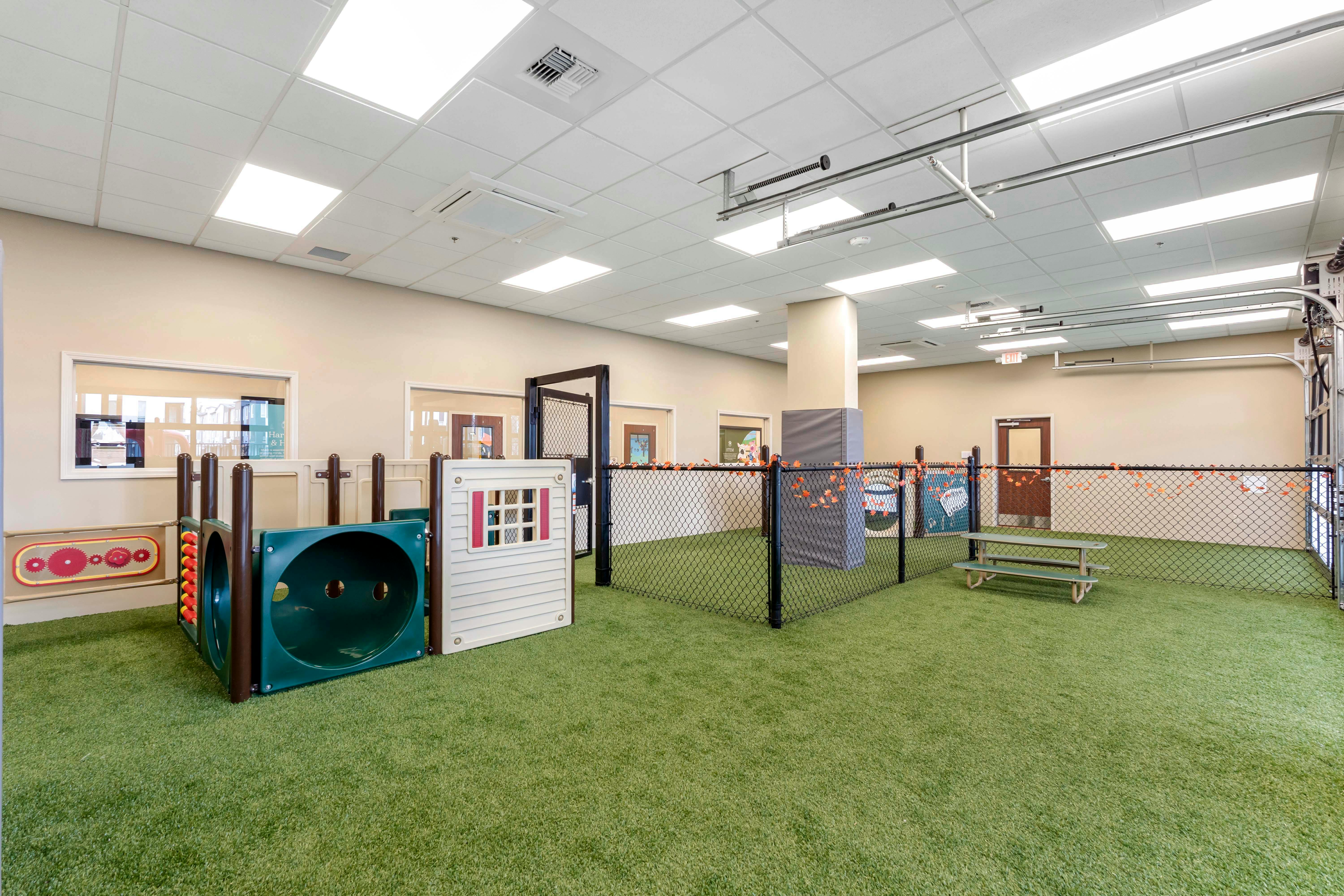 Indoor play area with turf, play equipment, and fenced sections