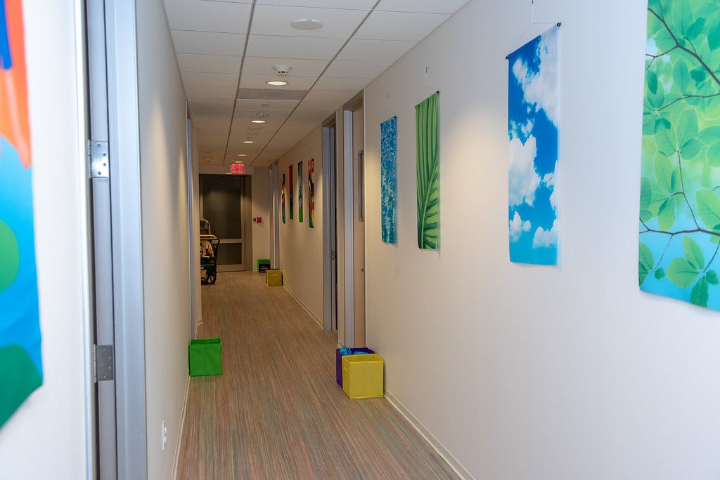 Hospital hallway with hanging nature prints and storage boxes on the floor