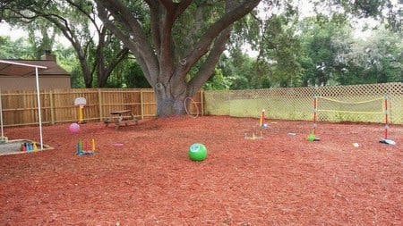 Outdoor play area with red mulch, large tree, and various sports equipment