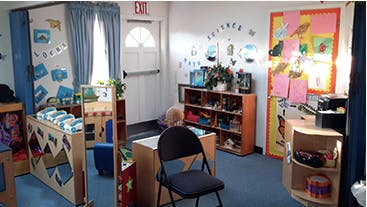 classroom with various learning stations and decorations
