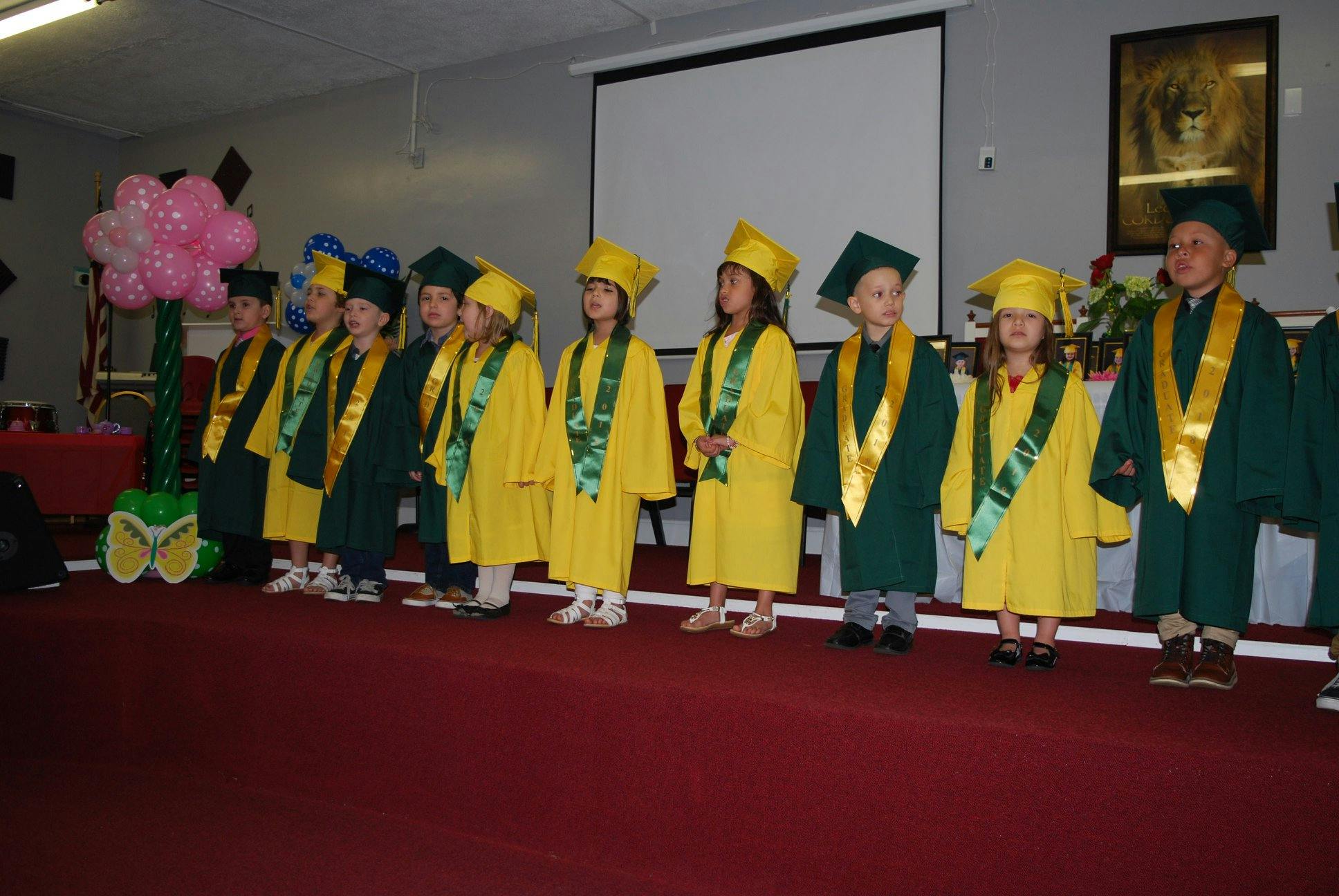 Children in graduation caps and gowns standing in a line