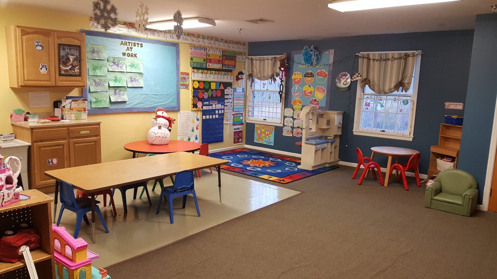 Classroom with small tables and chairs