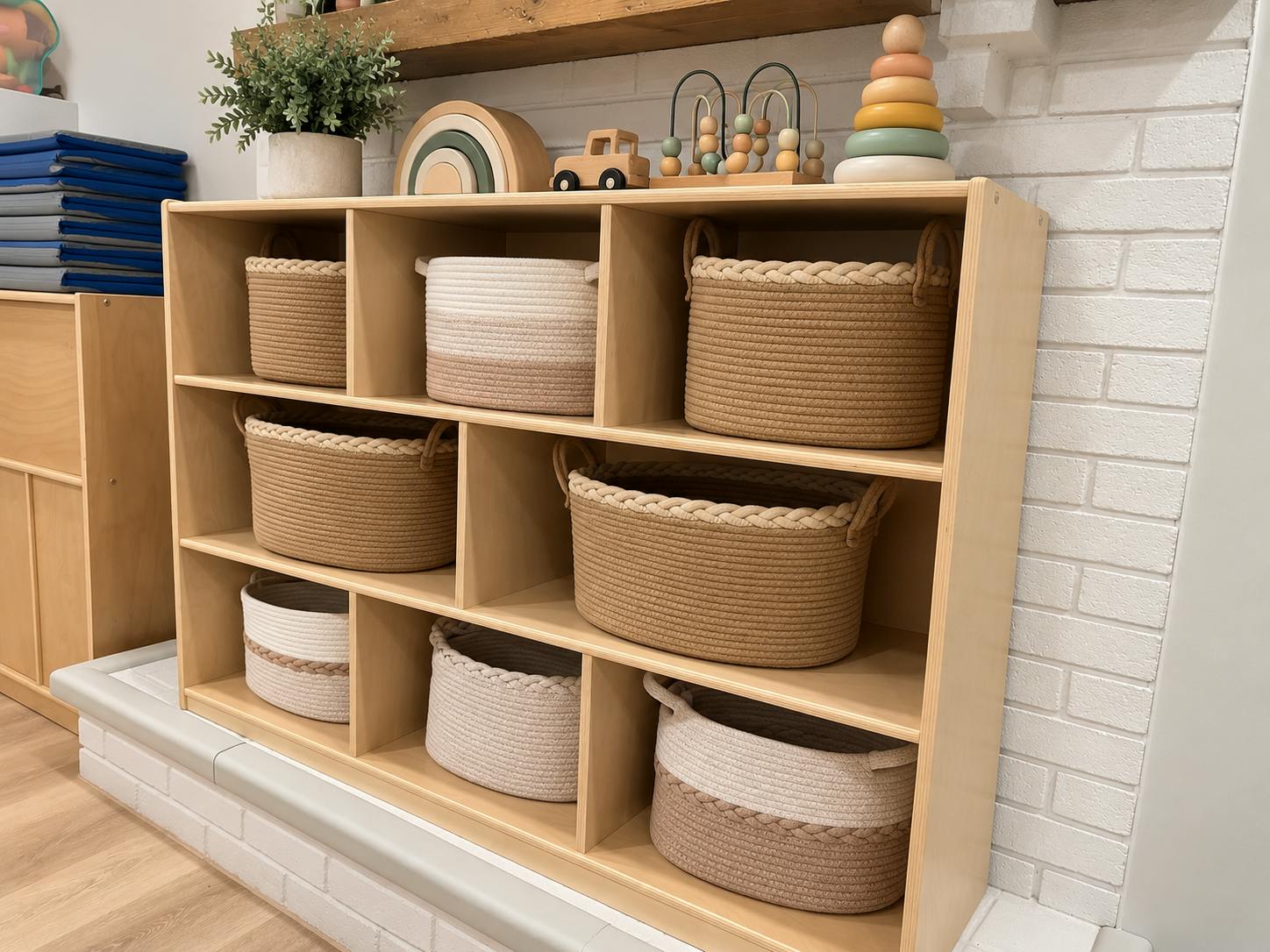 Wooden shelving unit with woven storage baskets and wooden toys