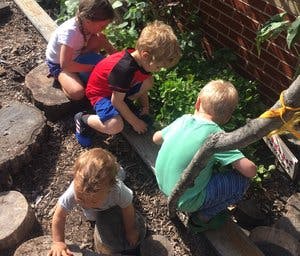 Four children playing outdoors with logs and wood planks